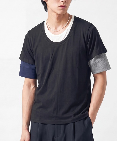 sunny branch(サニーブランチ)の「★Bd★レイヤード風 Uネック ハーフスリーブTシャツ(Tシャツ/カットソー・レディース・チャコール/ブラック/ホワイト/マルチ/グレー系・LARGE/X-LARGE/MEDIUM)」の5枚目の写真