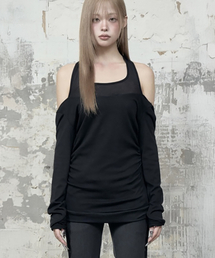 Halter-Neck Hooded Slim-Fit Long Sleeve Top (Black)