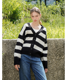Wool Stripe V-neck Knit Cardigan (Black)