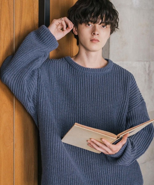 Rocky Monroe(ロッキーモンロー)の「オーバーサイズ畦編みクルーネック長袖ニットセーター(ニット/セーター・メンズ・ネイビー/グレー系/ブラック/チャコール/ブルー/グレー・M/XL/L/S)」の6枚目の写真