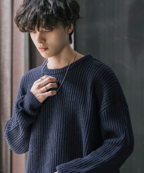 Rocky Monroe(ロッキーモンロー)の「オーバーサイズ畦編みクルーネック長袖ニットセーター(ニット/セーター・メンズ・ネイビー/グレー系/ブラック/チャコール/ブルー/グレー・M/XL/L/S)」の11枚目の写真