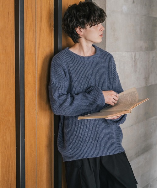 Rocky Monroe(ロッキーモンロー)の「オーバーサイズ畦編みクルーネック長袖ニットセーター(ニット/セーター・メンズ・ネイビー/グレー系/ブラック/チャコール/ブルー/グレー・M/XL/L/S)」の16枚目の写真