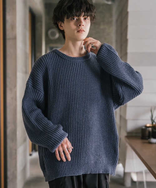 Rocky Monroe(ロッキーモンロー)の「オーバーサイズ畦編みクルーネック長袖ニットセーター(ニット/セーター・メンズ・ネイビー/グレー系/ブラック/チャコール/ブルー/グレー・M/XL/L/S)」の18枚目の写真