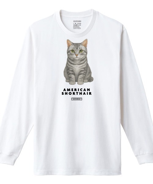 Moftique(モフティック)の「Moftique(モフティック) 長袖Tシャツ アメリカンショートヘアー 猫 キャット ペット アニマル プリント 袖リブ ロンT トップス レディース(Tシャツ/カットソー・レディース・ホワイト/ブラック・XS/S)」の2枚目の写真
