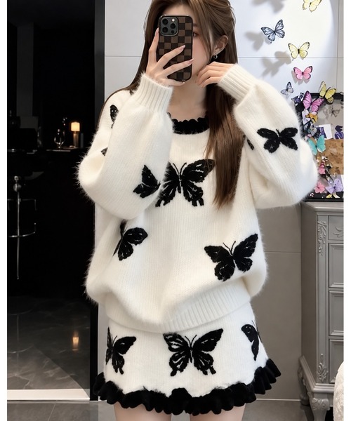 FUNdaysion（ファンデイション）の「バタフライ柄シャギーニットセットアップ（セットアップ・レディース・ブラック/ホワイト・M）」の15枚目の写真