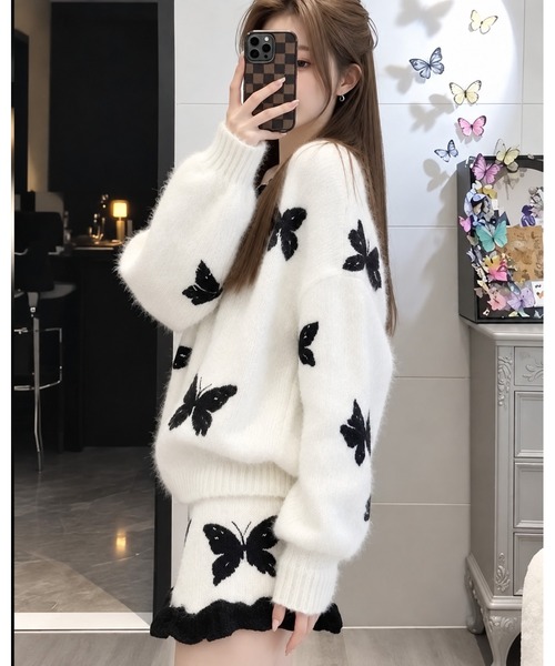 FUNdaysion（ファンデイション）の「バタフライ柄シャギーニットセットアップ（セットアップ・レディース・ブラック/ホワイト・M）」の17枚目の写真