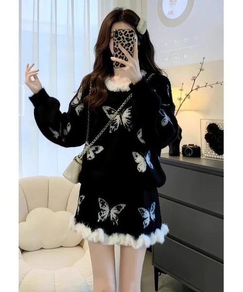FUNdaysion（ファンデイション）の「バタフライ柄シャギーニットセットアップ（セットアップ・レディース・ブラック/ホワイト・M）」の11枚目の写真