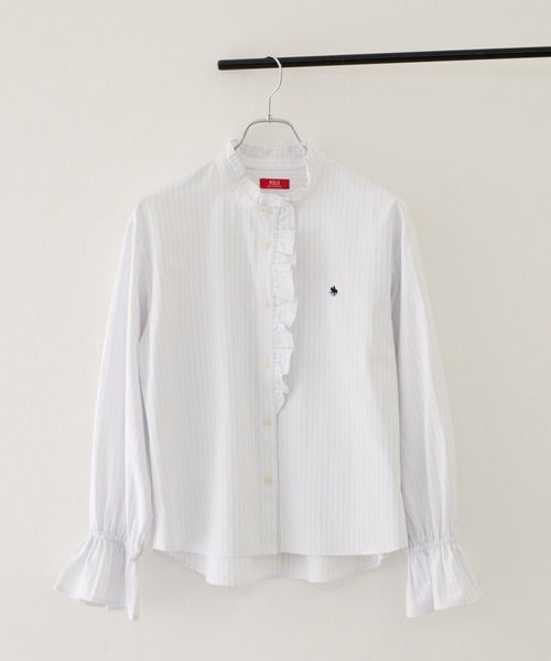 POLO BCS(ポロ ビーシーエス)の「【POLO BCS】VIS別注フリル前立てシャツ(シャツ/ブラウス・レディース・ライトグリーン/ホワイト系その他/ブルー系その他4・FREE)」の1枚目の写真