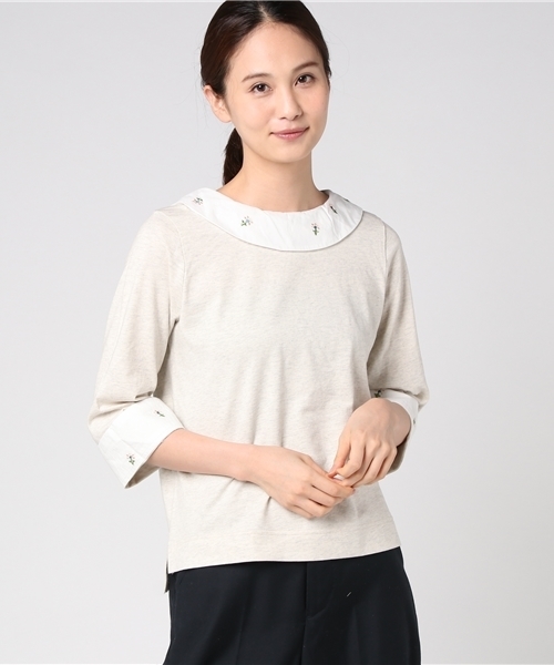 POU DOU DOU（プードゥドゥ）の「刺繍ラウンドカラープルオーバー（Tシャツ/カットソー・レディース・ネイビー/ダークグレー/オートミール・3）」の2枚目の写真