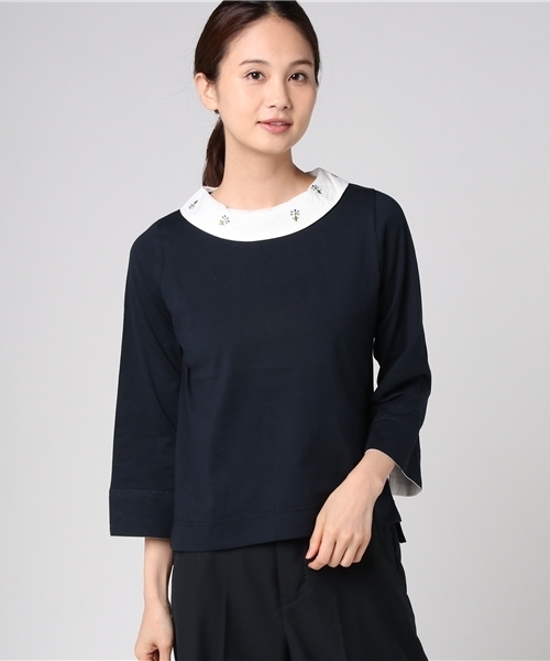 POU DOU DOU（プードゥドゥ）の「刺繍ラウンドカラープルオーバー（Tシャツ/カットソー・レディース・ネイビー/ダークグレー/オートミール・3）」の3枚目の写真