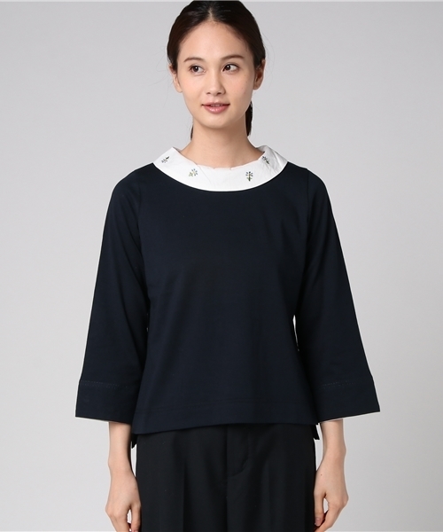 POU DOU DOU（プードゥドゥ）の「刺繍ラウンドカラープルオーバー（Tシャツ/カットソー・レディース・ネイビー/ダークグレー/オートミール・3）」の4枚目の写真