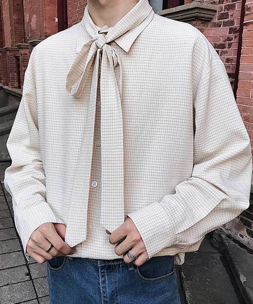 MGV（エムジーヴィー）の「【MGV】シジラチェックオーバーサイズボウタイつきデザインシャツ（シャツ/ブラウス・メンズ・ブラック/ベージュ・MEDIUM/LARGE/X-LARGE）」の5枚目の写真