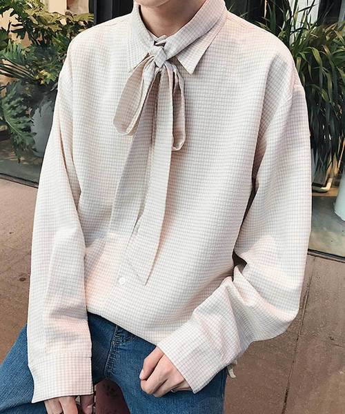 MGV（エムジーヴィー）の「【MGV】シジラチェックオーバーサイズボウタイつきデザインシャツ（シャツ/ブラウス・メンズ・ブラック/ベージュ・MEDIUM/LARGE/X-LARGE）」の6枚目の写真