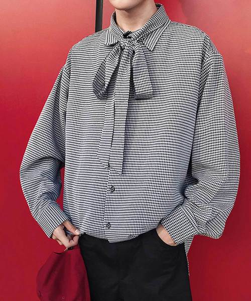 MGV（エムジーヴィー）の「【MGV】シジラチェックオーバーサイズボウタイつきデザインシャツ（シャツ/ブラウス・メンズ・ブラック/ベージュ・MEDIUM/LARGE/X-LARGE）」の14枚目の写真