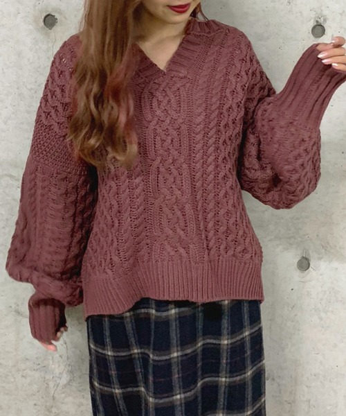 apres jour mignon(アプレジュールミニョン)の「ケーブルキーネックニット【ZOZOTOWN限定アイテム】(ニット/セーター・レディース・アイボリー/スモークピンク/モカ・フリー)」の3枚目の写真