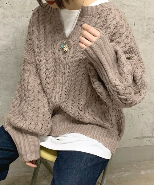 apres jour mignon(アプレジュールミニョン)の「ケーブルキーネックニット【ZOZOTOWN限定アイテム】(ニット/セーター・レディース・アイボリー/スモークピンク/モカ・フリー)」の17枚目の写真