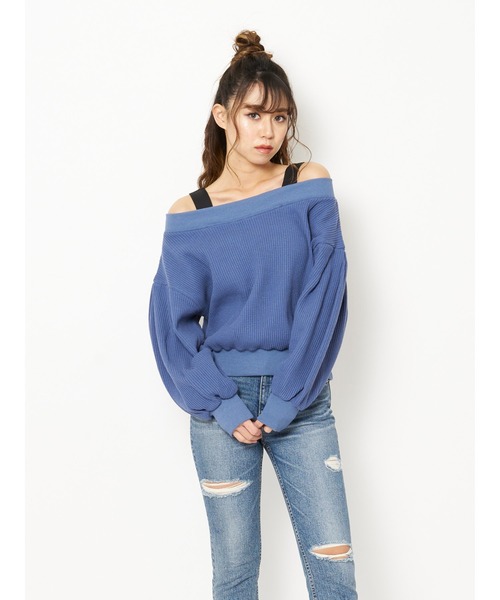 SPIRALGIRL（スパイラルガール）の「オフショルダー２Ｗａｙサーマルトップス（Tシャツ/カットソー・レディース・オフホワイト/ブルー/ベージュ・FREE）」の11枚目の写真