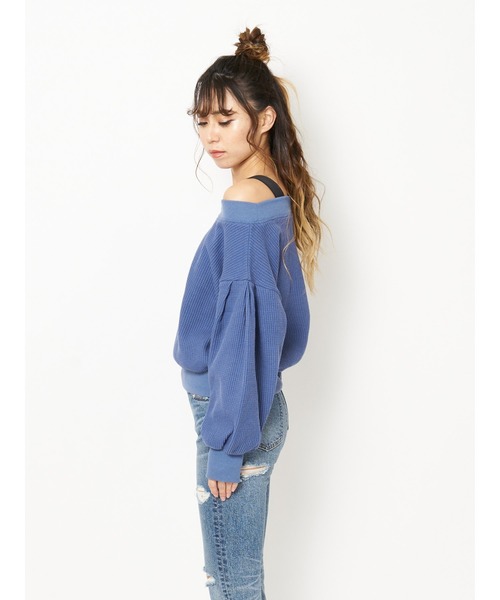 SPIRALGIRL（スパイラルガール）の「オフショルダー２Ｗａｙサーマルトップス（Tシャツ/カットソー・レディース・オフホワイト/ブルー/ベージュ・FREE）」の9枚目の写真