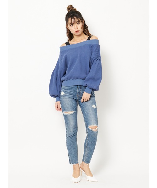 SPIRALGIRL（スパイラルガール）の「オフショルダー２Ｗａｙサーマルトップス（Tシャツ/カットソー・レディース・オフホワイト/ブルー/ベージュ・FREE）」の5枚目の写真