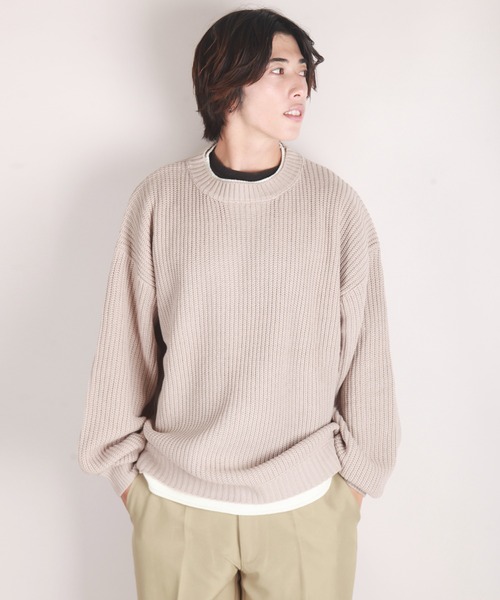 セール】オーバーサイズ レイヤード クルーネック 長袖ニット