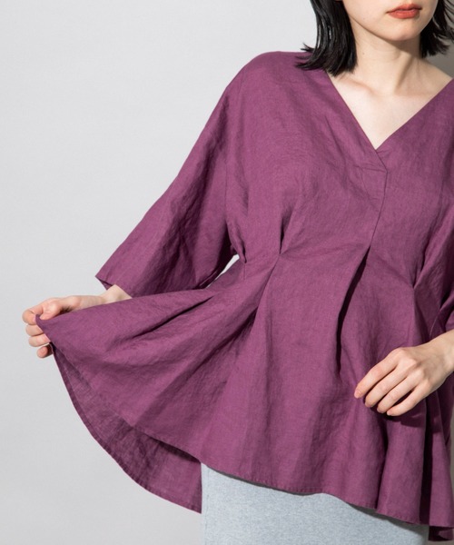 Munich（ミューニック）の「フレンチリネンキャンバス　タックブラウス（セットアップ可）（シャツ/ブラウス・レディース・ホワイト/ブラック/カーキ/パープル/ナチュラル・FREE）」の5枚目の写真