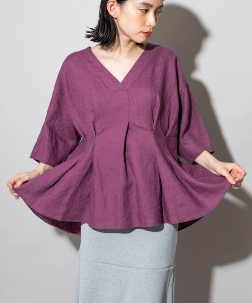 Munich（ミューニック）の「フレンチリネンキャンバス　タックブラウス（セットアップ可）（シャツ/ブラウス・レディース・ホワイト/ブラック/カーキ/パープル/ナチュラル・FREE）」の6枚目の写真