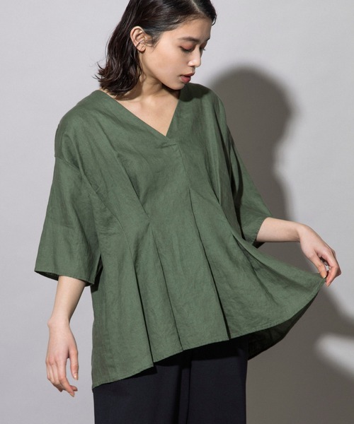 Munich（ミューニック）の「フレンチリネンキャンバス　タックブラウス（セットアップ可）（シャツ/ブラウス・レディース・ホワイト/ブラック/カーキ/パープル/ナチュラル・FREE）」の7枚目の写真