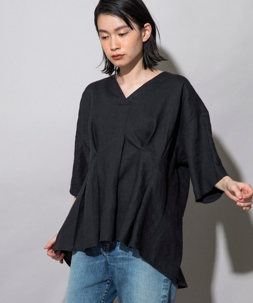 Munich（ミューニック）の「フレンチリネンキャンバス　タックブラウス（セットアップ可）（シャツ/ブラウス・レディース・ホワイト/ブラック/カーキ/パープル/ナチュラル・FREE）」の16枚目の写真