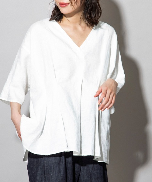 Munich（ミューニック）の「フレンチリネンキャンバス　タックブラウス（セットアップ可）（シャツ/ブラウス・レディース・ホワイト/ブラック/カーキ/パープル/ナチュラル・FREE）」の11枚目の写真