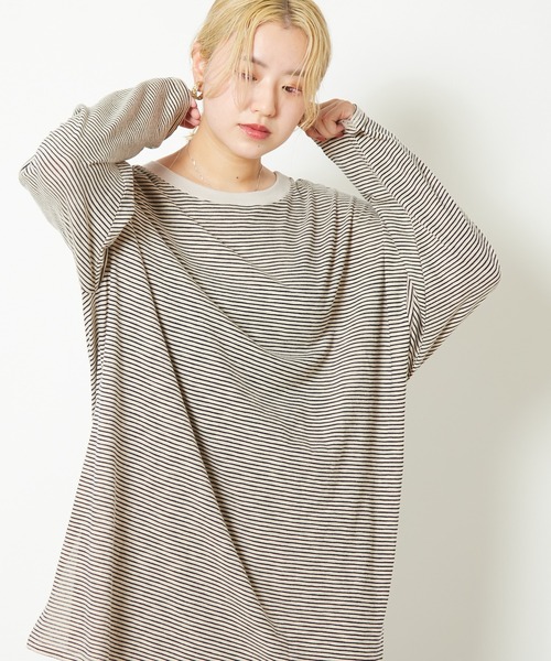 CIAOPANIC（チャオパニック）の「シアーボーダーロンT（Tシャツ/カットソー・レディース・カーキ/ネイビー/キナリ・FREE）」の2枚目の写真