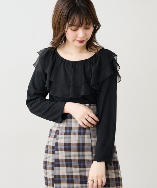natural couture(ナチュラルクチュール)の「【WEB限定】osonoシアーフリルデザインカットプルオーバー(Tシャツ/カットソー・レディース・ブラック/ベージュ/オフホワイト/モカ・FREE)」の9枚目の写真