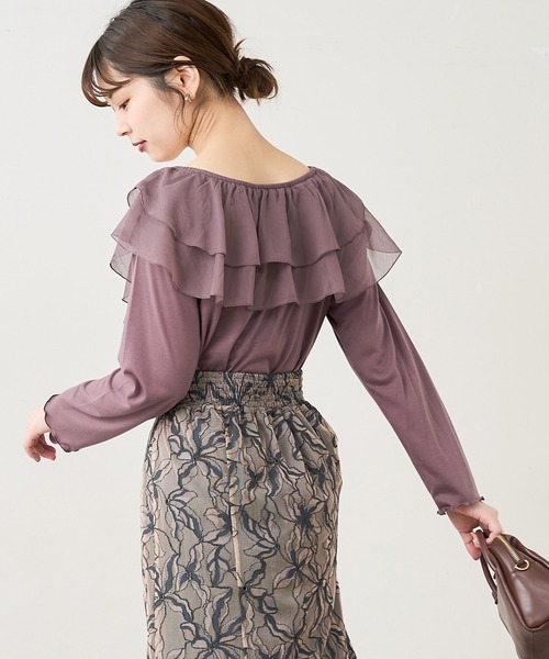 natural couture(ナチュラルクチュール)の「【WEB限定】osonoシアーフリルデザインカットプルオーバー(Tシャツ/カットソー・レディース・ブラック/ベージュ/オフホワイト/モカ・FREE)」の7枚目の写真