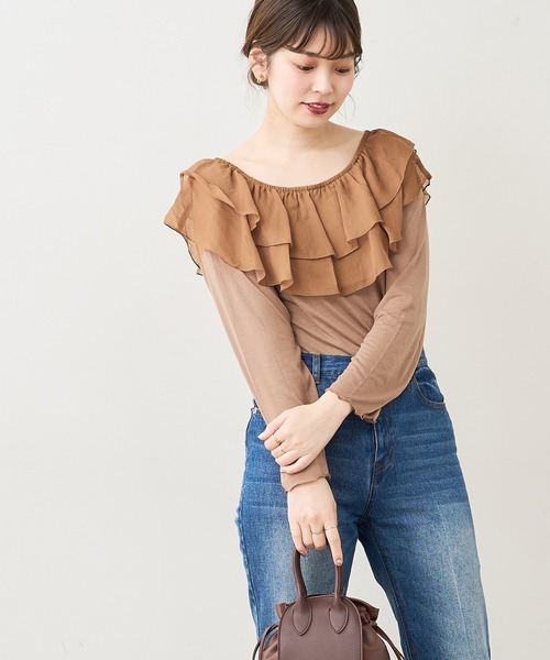 natural couture(ナチュラルクチュール)の「【WEB限定】osonoシアーフリルデザインカットプルオーバー(Tシャツ/カットソー・レディース・ブラック/ベージュ/オフホワイト/モカ・FREE)」の10枚目の写真
