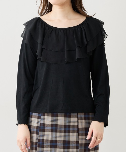 natural couture(ナチュラルクチュール)の「【WEB限定】osonoシアーフリルデザインカットプルオーバー(Tシャツ/カットソー・レディース・ブラック/ベージュ/オフホワイト/モカ・FREE)」の6枚目の写真