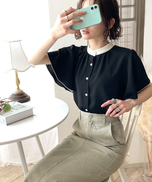 2枚セット 単品も可能！classicalelf 半袖ブラウス 大人の上品さをプラス。前後2wayカシュクールサッカー素材半袖