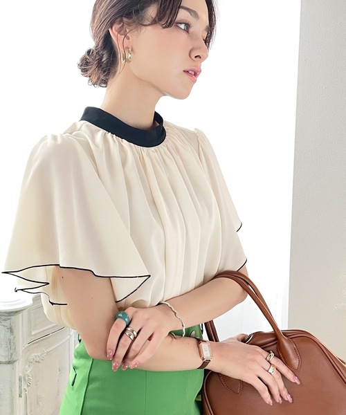 大人レディ魅せ。バイカラー2wayフレア袖ブラウス