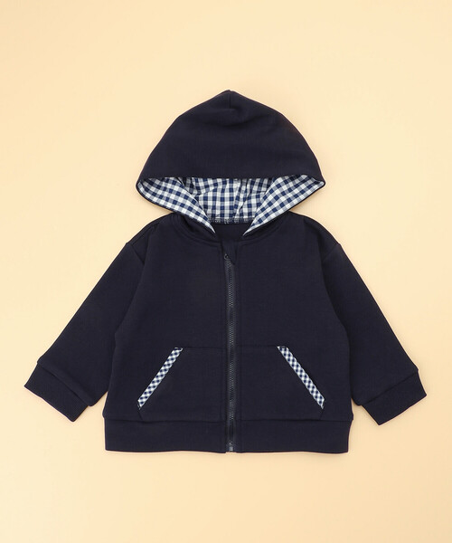 COMME CA ISM(コムサイズム)の「ギンガムチェック使い パーカ(80・90cm)(パーカー・キッズ・ベージュ/ネイビー・80cm/90cm)」の2枚目の写真