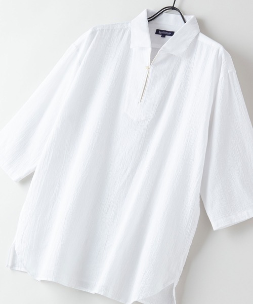 Blue Standard (ブルースタンダード)の「【BLUE STANDARD/ブルースタンダード】夏のシャリシャツ 強撚糸使用 7分袖 ビッグシルエット スキッパーシャツ(シャツ/ブラウス・メンズ・ネイビー/グリーン/ホワイト/ブルー/ダークベージュ・MEDIUM/X-LARGE/LARGE)」の2枚目の写真