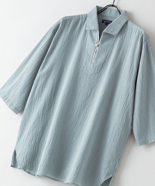 Blue Standard (ブルースタンダード)の「【BLUE STANDARD/ブルースタンダード】夏のシャリシャツ 強撚糸使用 7分袖 ビッグシルエット スキッパーシャツ(シャツ/ブラウス・メンズ・ネイビー/グリーン/ホワイト/ブルー/ダークベージュ・MEDIUM/X-LARGE/LARGE)」の4枚目の写真