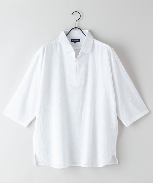 Blue Standard (ブルースタンダード)の「【BLUE STANDARD/ブルースタンダード】夏のシャリシャツ 強撚糸使用 7分袖 ビッグシルエット スキッパーシャツ(シャツ/ブラウス・メンズ・ネイビー/グリーン/ホワイト/ブルー/ダークベージュ・MEDIUM/X-LARGE/LARGE)」の6枚目の写真