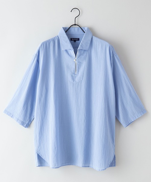 Blue Standard (ブルースタンダード)の「【BLUE STANDARD/ブルースタンダード】夏のシャリシャツ 強撚糸使用 7分袖 ビッグシルエット スキッパーシャツ(シャツ/ブラウス・メンズ・ネイビー/グリーン/ホワイト/ブルー/ダークベージュ・MEDIUM/X-LARGE/LARGE)」の10枚目の写真