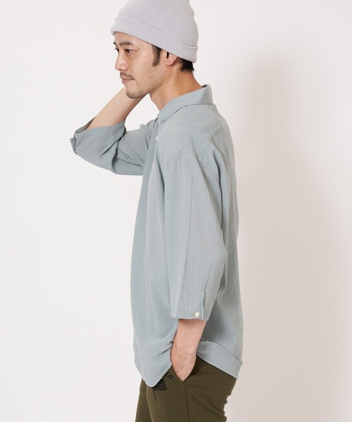 Blue Standard (ブルースタンダード)の「【BLUE STANDARD/ブルースタンダード】夏のシャリシャツ 強撚糸使用 7分袖 ビッグシルエット スキッパーシャツ(シャツ/ブラウス・メンズ・ネイビー/グリーン/ホワイト/ブルー/ダークベージュ・MEDIUM/X-LARGE/LARGE)」の18枚目の写真