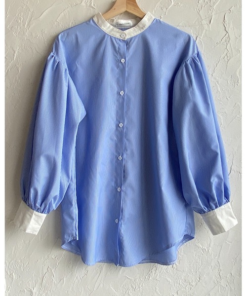 She's Closet（シーズクローゼット）の「バンドカラーボリュームスリーブ配色長袖ストライプシャツ（シャツ/ブラウス・レディース・ホワイト/ブルー・FREE）」の3枚目の写真