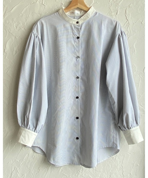 She's Closet（シーズクローゼット）の「バンドカラーボリュームスリーブ配色長袖ストライプシャツ（シャツ/ブラウス・レディース・ホワイト/ブルー・FREE）」の7枚目の写真