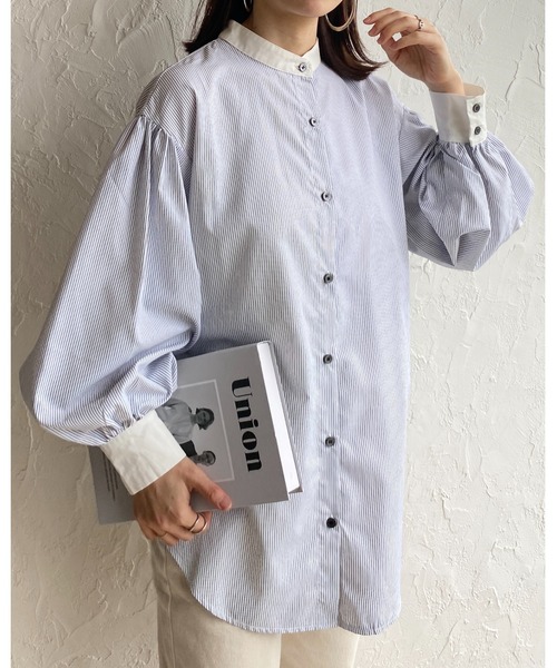 She's Closet（シーズクローゼット）の「バンドカラーボリュームスリーブ配色長袖ストライプシャツ（シャツ/ブラウス・レディース・ホワイト/ブルー・FREE）」の12枚目の写真