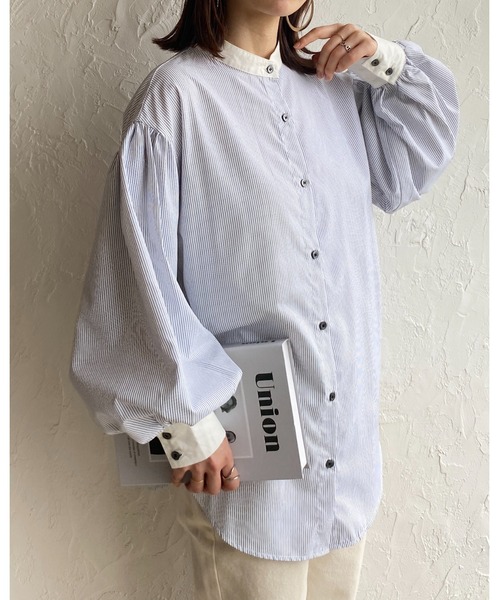 She's Closet（シーズクローゼット）の「バンドカラーボリュームスリーブ配色長袖ストライプシャツ（シャツ/ブラウス・レディース・ホワイト/ブルー・FREE）」の13枚目の写真