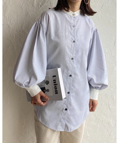 She's Closet（シーズクローゼット）の「バンドカラーボリュームスリーブ配色長袖ストライプシャツ（シャツ/ブラウス・レディース・ホワイト/ブルー・FREE）」の14枚目の写真