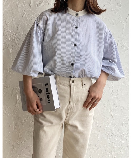 She's Closet（シーズクローゼット）の「バンドカラーボリュームスリーブ配色長袖ストライプシャツ（シャツ/ブラウス・レディース・ホワイト/ブルー・FREE）」の18枚目の写真