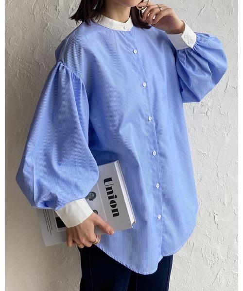 She's Closet（シーズクローゼット）の「バンドカラーボリュームスリーブ配色長袖ストライプシャツ（シャツ/ブラウス・レディース・ホワイト/ブルー・FREE）」の20枚目の写真