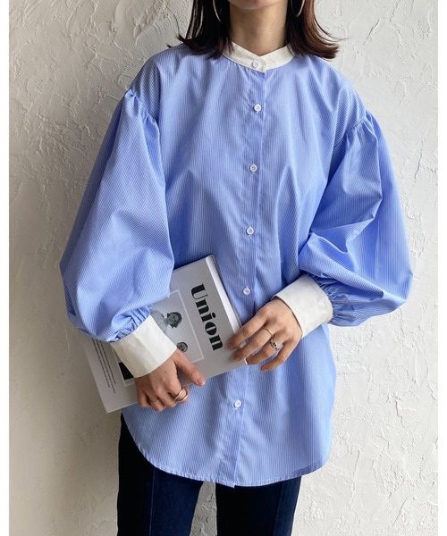 She's Closet（シーズクローゼット）の「バンドカラーボリュームスリーブ配色長袖ストライプシャツ（シャツ/ブラウス・レディース・ホワイト/ブルー・FREE）」の21枚目の写真